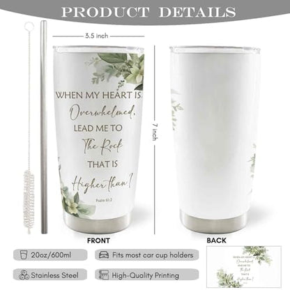 Christian 20oz Travel Coffee Mug Tumbler, Christian Religious Gifts for Women Men, When My Heart is Overwhelmed Bible Verse Stainless Steel Tumbler with Lid and Straw - color: therock