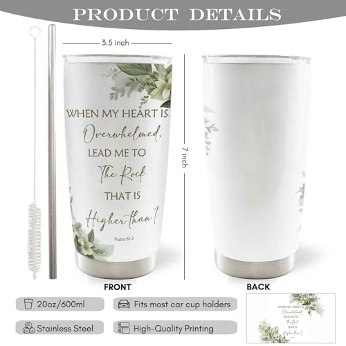 Christian 20oz Travel Coffee Mug Tumbler, Christian Religious Gifts for Women Men, When My Heart is Overwhelmed Bible Verse Stainless Steel Tumbler with Lid and Straw - color: therock