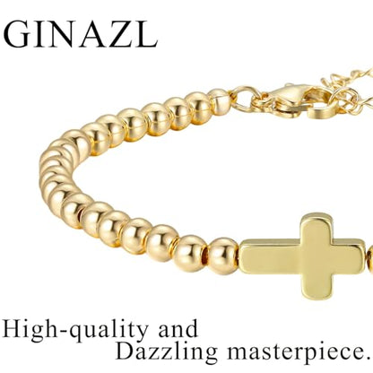 GINAZAL Gold Bead Bracelet for Women, Hypoallergenic Fade-Resistant | Brass | 14K Gold |Cubic Zirconia - color: Cross