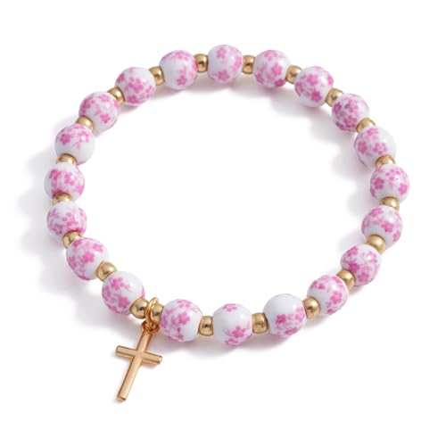 Cross Charm Bracelet for Women,Flower Floral Antique Vintage Bracelet Beaded and Cross Stretch Bracelet Aesthetic Religious Christian First Communion Baptism Confirmation Gifts Jewlery Gifts - color: Pink