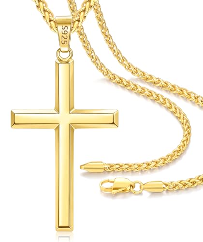 925 Sterling Silver Cross Necklace for Men, 14k Gold Plated Sterling Silver Cross Necklace with 3mm 316L Stainless Steel Wheat Chain Necklaces for Men Women 16-26 Inch - color: Gold, size: 22 Inch