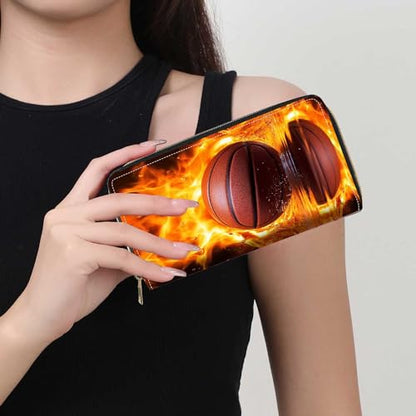 Burning Basketball Print Wallet for Women Large Capacity Wallet Credit Card Holder PU Leather Zipper Clutch Purse Phone Wallet - color: Burning Basketball
