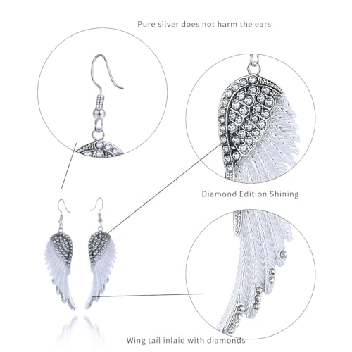 Angel Wings Dangle Earrings for Women Unique Rhinestones Copper Fairy Feather Guardian Dangle Drop Hook Womens Dangling Earrings Silver Plated Jewelry