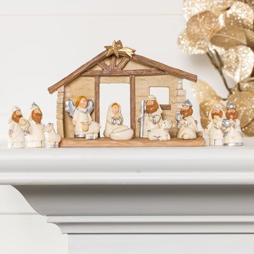 Miniature Kids Nativity Scene with Creche, Set of 12 Rearrangeable Figures
