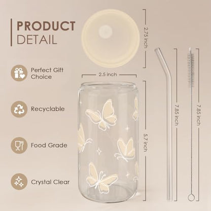 SANDJEST Butterfly Glass Can, Iced Coffee Aesthetic,Cup, Gifts for Christmas Birthday, Gift for Women Girls, 16oz - color: Butterfly