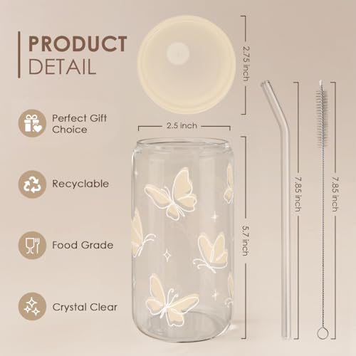 SANDJEST Butterfly Glass Can, Iced Coffee Aesthetic,Cup, Gifts for Christmas Birthday, Gift for Women Girls, 16oz - color: Butterfly