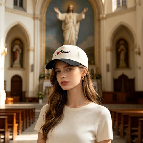 Embroidered Christian Two-Tone Baseball Cap for Men & Women, Adjustable Dad Hat Christmas Easter Gift - color: I Love Jesus Heart, Black/Beige