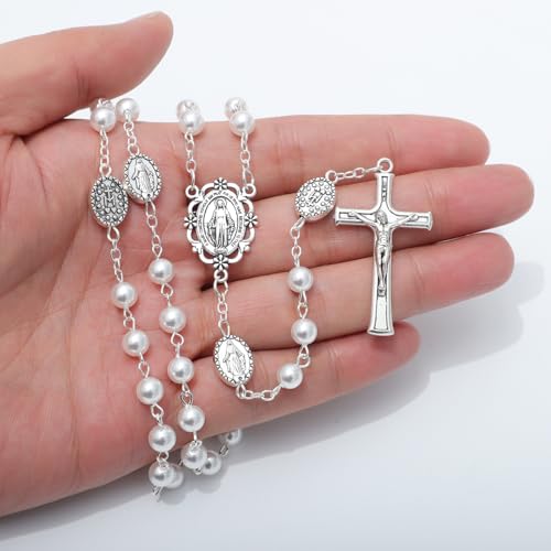 KOMI 6mm Glass Pearl Rosary Beads Catholic for Women with Metal Rosary Box Religious Gifts - style: Virgn Mary-white