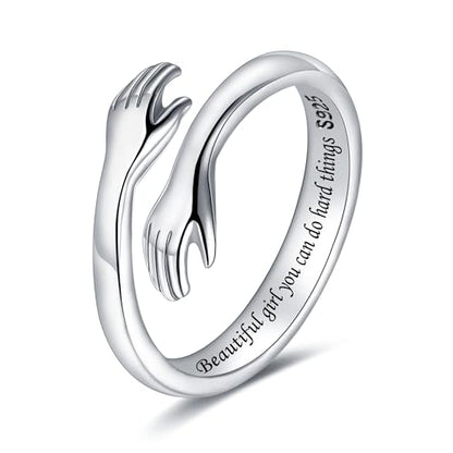 LOVECOM S925 Sterling Silver Hug Rings for Women Teen Girls Mother Daughter - color: Beautiful g@rl you can do hard things, size: US Size 6