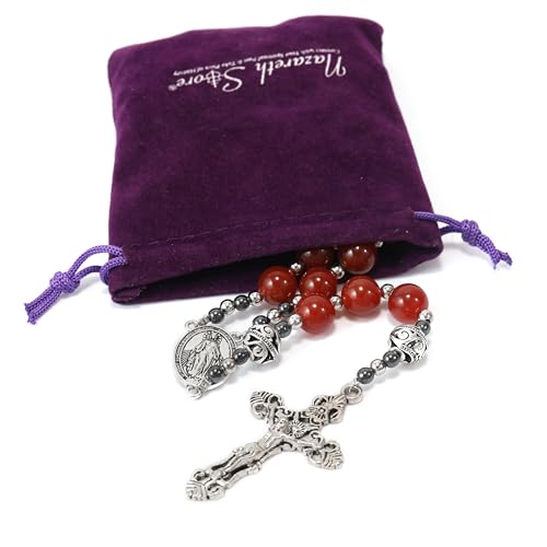 Nazareth Store Genuine Rosary Stone Beads Necklace Metal Beaded Glory Beads Miraculous Medal & Silver Cross Crucifix For Men and Womens - color: Red Garnet