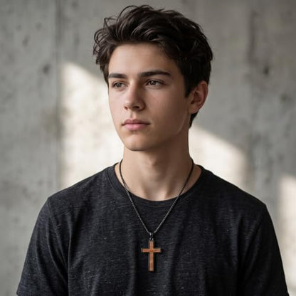 Cross Necklace for Men 925 Sterling Silver & Wood Cross Pendant with Stainless Steel Chain Cross Necklace for Men Women Christian Jewelry Gift - color: Cross-2