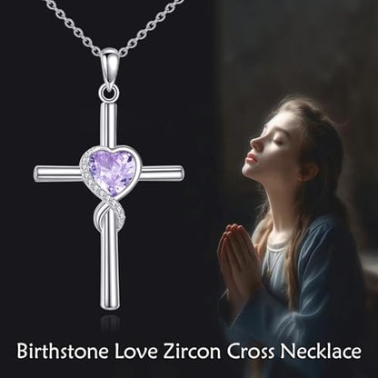 S925 Sterling Silver Cross Necklace for Women Birthstone Necklace Heart Infinity Cross Pendant Necklace Christmas Valentines Day Gifts Birthday Holiday Gifts for Her, 18"+2" Inches - color: 06-Jun Birthstone - Alexandrite