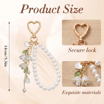 Cute Bag Charms Keychain - Pearl Keyring Wristlet Birthday Gifts - color: Green Lily of the Valley