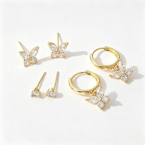 SHERLOVE Gold Earring Stacks Women 3Pairs Dangle Stud Huggie Hoop Set - color: 3 Pairs-Butterfly 01 Stud Gold