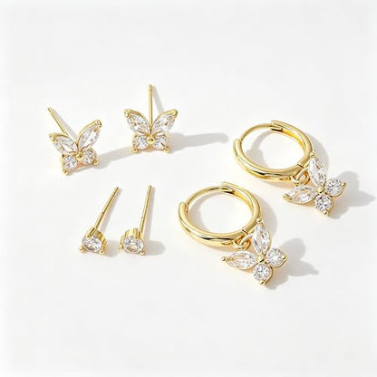 SHERLOVE Gold Earring Stacks Women 3Pairs Dangle Stud Huggie Hoop Set - color: 3 Pairs-Butterfly 01 Stud Gold