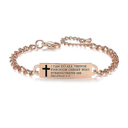 Bible Verse Bracelet-Stainless Steel Scripture Quotes Inspirational Bracelet Faith Christian Bracelet for Women, Christmas gift for women - color: Rose gold
