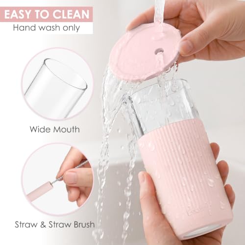 SANDJEST Glass Water Bottle with Silicone Sleeve 20oz, Glass Tumbler with Straw and Lid, Smoothie and Iced Coffee Cup, Gifts for Women Teen Girls Birthday Christmas (Dusty Pink) - color: Dusty Pink