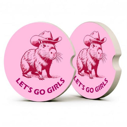Pink Western Capybara Car Coasters, Let's Go Girls Coquette Cup Holders, 08 - color: Pink Capybara