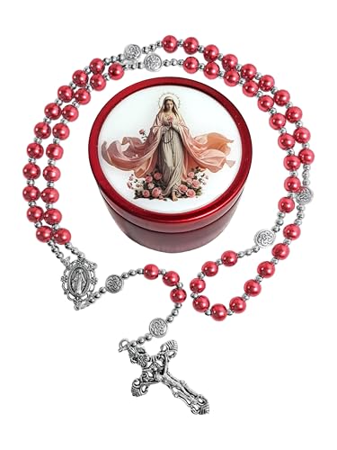 8mm Glass Pearl Rosary - Catholic Necklace for Men and Women Comes in a Metal Gift Box, First Communion Rosary Necklace as Gifts - color: Red