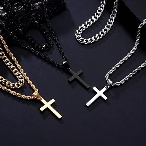 Ursteel Layered Cross Necklaces for Men - 18K Gold Plated Cross Necklaces Chain for Men Boys Gifts, Silver Rope Chain Layered Necklace Jewelry 16 18 20 22 24 Inch, First Communion Gifts for Boys - color: Black, style: 22inch/24inch