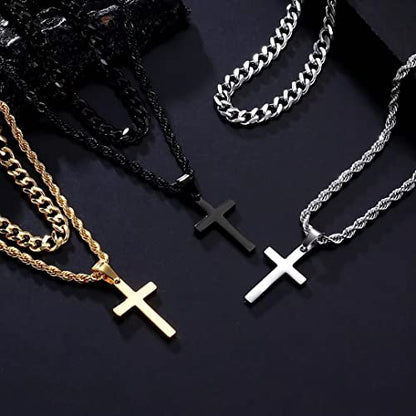 Ursteel Layered Cross Necklaces for Men - 18K Gold Plated Cross Necklaces Chain for Men Boys Gifts, Silver Rope Chain Layered Necklace Jewelry 16 18 20 22 24 Inch, First Communion Gifts for Boys - color: Black, style: 22inch/24inch