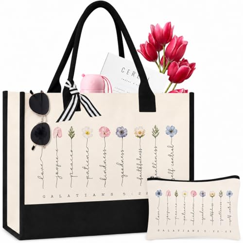 Tecanne Christian Gifts for Women, Canvas Tote Bag with Makeup Bag - color: Galatians 5:22–23