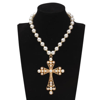 Pearl Cross Necklace Big Cross Pendants Necklaces for Women Chunky Pearl Necklace Gothic Cross Necklace Punk Vintage Cross Jewelry Women - style: Punk