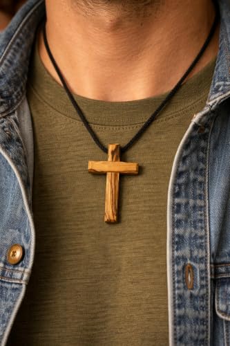 Olive Wood Cross Necklace from Bethlehem – 1.5" Wooden Crucifix Pendant with 24" Adjustable Black Cord, Christian Jewelry for Men and Women