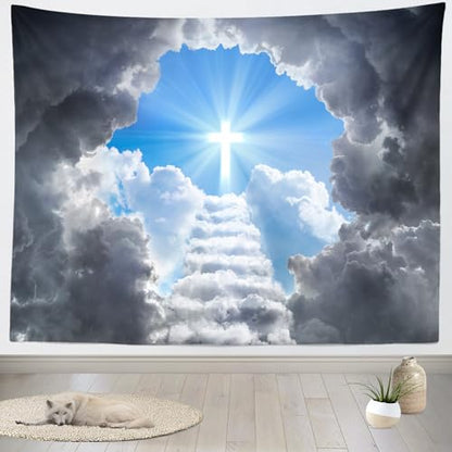 Loccor 12x10ft Fabric Cross Tapestry Photography Backdrop Stairway to Heaven Women Men Church Living Room Dorm Apartment Bedroom Aesthetic Photo Christian Background Religious Wall Art Spiritual Mural - size: 140.00" x 118.00"