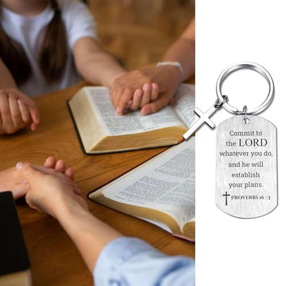 Inspirational Scripture Keychain with Cross - Bible Verse Matte Key Chain Religious Gift for Christian - style: Proverbs 16:3