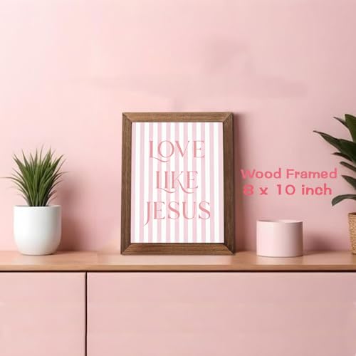 SEHSUVC Pink Christian Jesus Wall Art, Love Like Jesus Canvas Wall Decor, Trendy Coquette Preppy Religious Bible Room Decor Gifts for Girls Dorm Bedroom Living Room Home Decor 8x10inch Wood Framed - color: Pink love Jesus