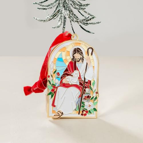 The Good Shepherd Enamel Christmas Ornament – Jesus with Lamb Design, Gold-Trimmed Stained-Glass Style, Red Velvet Hanging Ribbon, Christian Holiday Décor & Gift