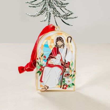 The Good Shepherd Enamel Christmas Ornament – Jesus with Lamb Design, Gold-Trimmed Stained-Glass Style, Red Velvet Hanging Ribbon, Christian Holiday Décor & Gift