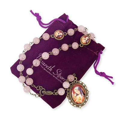 Nazareth Store Our Lady of Sorrows Stone Beads Rosary Solid Beaded Chaplet Necklace with Epoxy 7 Seven Sorrows Medallion - color: Rose Quartz
