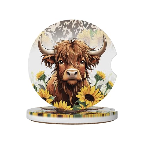 Highland Cow Car Cup Holder Coasters 2 Pack 2.63" for Women - color: Yellow