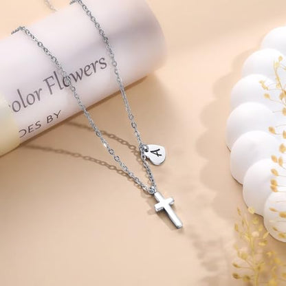 Tiny Cross Necklace for Kids Girls, Initial A-Z , Birthstone Cross Gifts - color: Silver, style: B