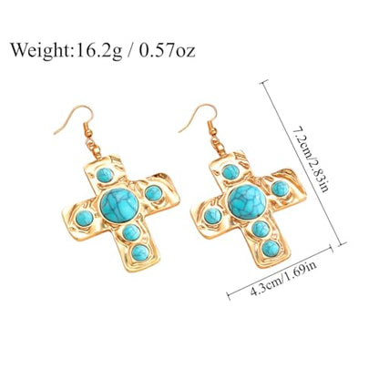 Chunky Gold Silver Cross Drop Dangle Earrings for Women Statement Western - color: Gold-Turquoise