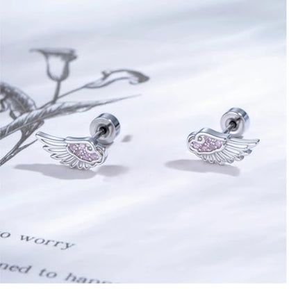 Angel Wing Earrings for Women Statement Flat Back Cartilage Stud Earrings Trendy Angel Wing Helix Piercing Stud Silver Cubic Zirconia Earring Jewelry Accessories - color: Hot Pink