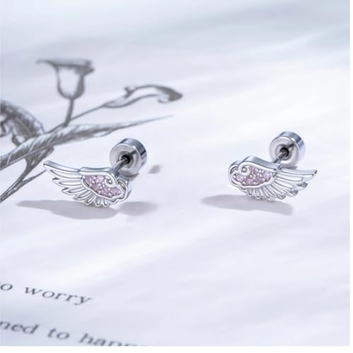 Angel Wing Earrings for Women Statement Flat Back Cartilage Stud Earrings Trendy Angel Wing Helix Piercing Stud Silver Cubic Zirconia Earring Jewelry Accessories - color: Hot Pink