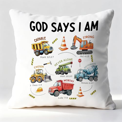 Construction Christian Pillow Cover 18x18, Christian Nursery Decor, God Says I Am Bible Verse Religious Decorative Throw Pillow Cover for Toddler Boys Kids Room Nursery Playroom - color: Color-09