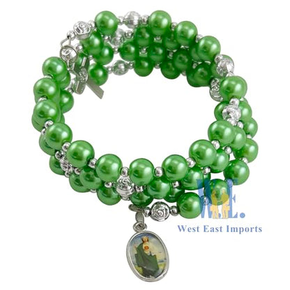 12 pcs Religious Wrap Rosary Bracelet, Green Beads with Cross and St. Jude Medal Charm, Memorial Prayer Favor - color: JA175S-grn