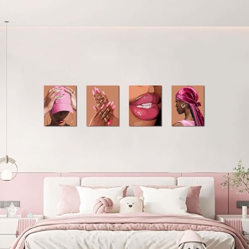 Pink Bedroom Wall Decor Black Girl Wall Art Canvas Prints Set of 4 - color: Framed 8"x10" Pink Black Women Wall Art Set of 4