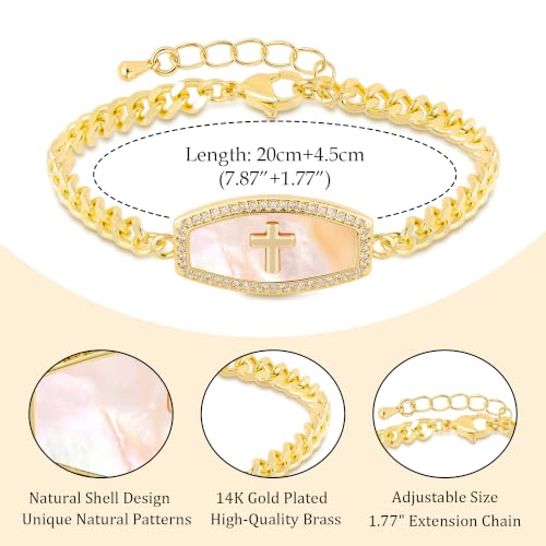 LETFLY Natural Shell Bracelets for Women, 14K Gold Plated Butterfly/Lips/Cross/Heart Charm Adjustable Cubic Zirconia Cuban Link Chain, Dainty Trendy Handmade Jewelry Gifts - style: Style C
