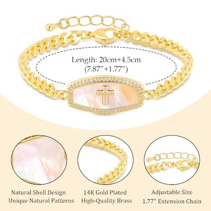 LETFLY Natural Shell Bracelets for Women, 14K Gold Plated Butterfly/Lips/Cross/Heart Charm Adjustable Cubic Zirconia Cuban Link Chain, Dainty Trendy Handmade Jewelry Gifts - style: Style C