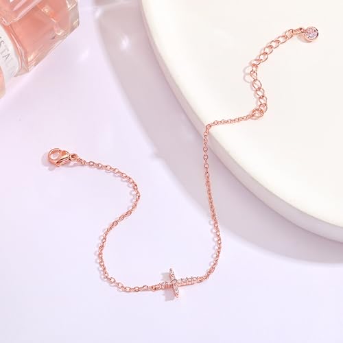Moodear Cross Bracelet for Women, Dainty Sterling Silver/Gold Plated Gift - color: CZ Rose Gold Cross Bracelet
