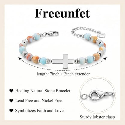 Bracelet for Women Natural Stone Beaded, Stainless Steel Charms, Adjustable - color: 3-Cross