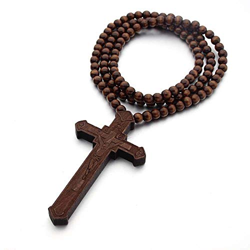 DATOA Religious Wooden Cross Large Big Jesus Crucifix Pendant Natural Wood Natural Rosary Colorful Beads Chain Necklace Christian Prayer Baptism Jewelry Easter Gift For Men Women - color: Brown