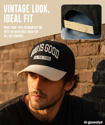 God is Good Hat, Christian Hats for Men & Women Religious Gift - color: Beige/Black
