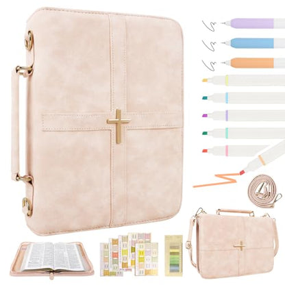 Classic Leather Bible Cover Case with Cross Design and Handle & Shoulder Strap for Women, Durable Bible Study Supplies Organizer Carrying Bag, Christmas Gifts for Christians with Gift Box（Pink - color: Pink( With Strap)