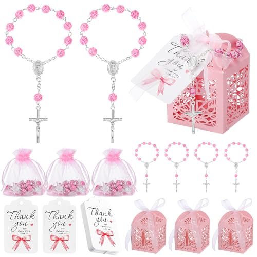 100 Pcs Pink Baptism Favors Mini Rosary Cross Boxes Gift Bags Cards